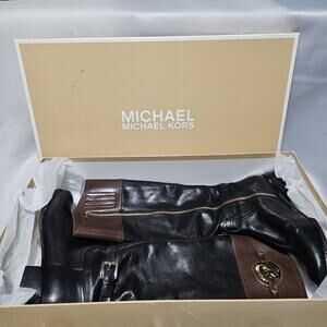 Michael Michael Kors Stockard Leather Riding Boots Black Mocha 8M With Box
